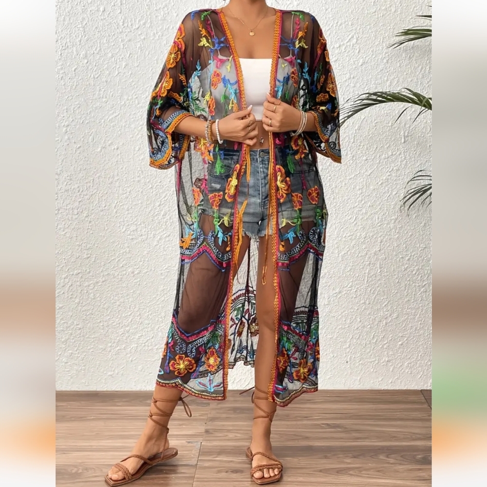 Bohemian Style Long Sleeve Embroidered Mesh Kimono, Mixed Colors Navy OSFM - Picture 2 of 9